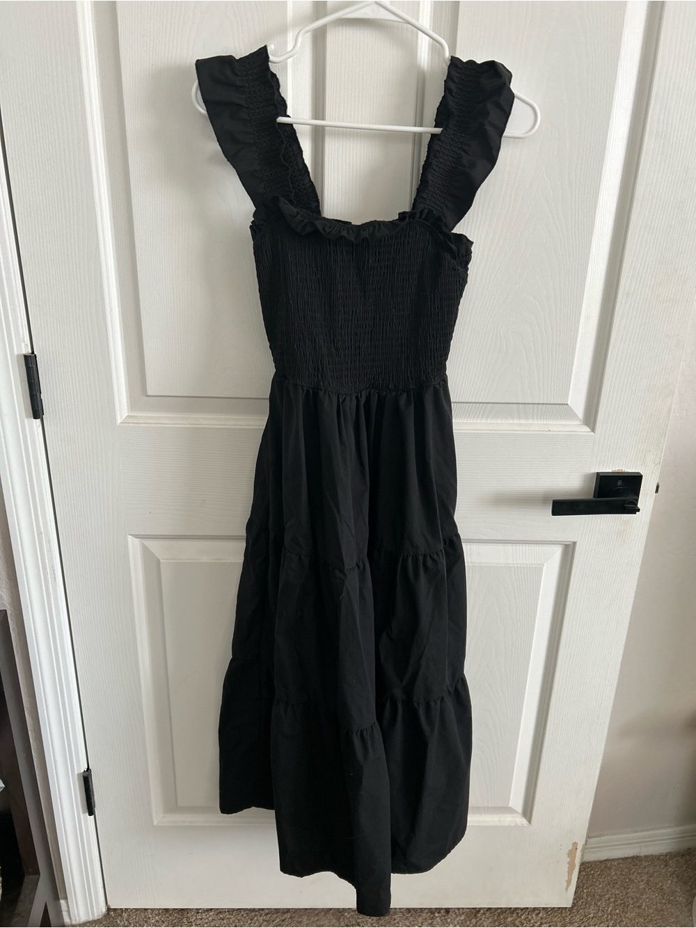 Black Smocked Midi Dress with Ruffle Straps